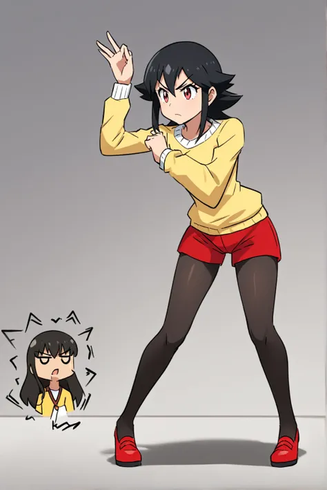 girl with black hair, with a yellow shirt and red shorts, pantyhose above the knees black, red shoes, white sweater, Pokémon trainer, struggling pose, segurando uma pokebola com struggling pose