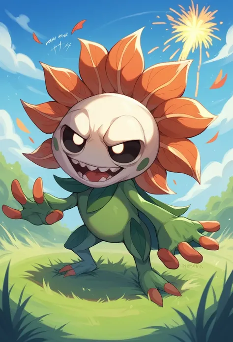 Draw a scene in your front yard where plants and zombies are fighting.。In the background is a blue sky and shining sun、Green grass is spreading。The plants are々Colorfully painted in various colors、Fighting against zombies。Explosions and fireworks effects ad...