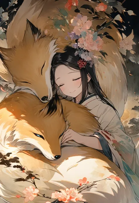 best quality, super fine, 16k, 2.5D, delicate and dynamic depiction, fox spirit stroking the head of sleeping  on his lap, gentle loving smile, effects wrapped in soft colors and light, fusion of watercolors and oil paintings, calligraphy, ink, shading, gr...