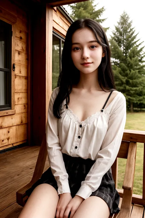 A young girl from Northern Europe, 21 years old, happy, cute face, pale skin, black hair, eyeliner, thin nose, wearing a neckline, wooden house porch, sitting on a wood chair