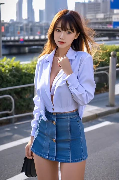 a 17 year old girl, she is the most beautiful actress in the world, the perfect body proportions of this girl, the skin of her upper body is covered 100% by the things she is wearing, the blazer is formally buttoned up on her waist between shirt and short ...