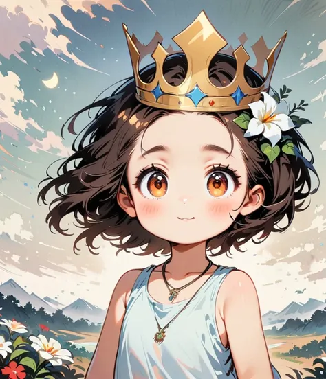 wearing the crown、gardenia flowers、large white flowers、cartoon style character design，1 girl, alone，big eyes，cute expression，tan...