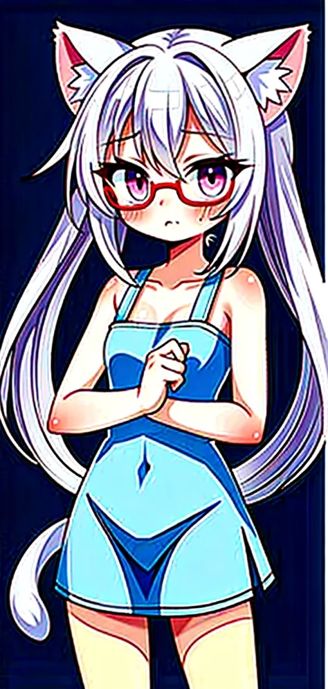 that has a fearful face, white hair, cat ears, yellow glasses and transparent super blushing pink eyes that has a towel around it and is in spaghetti and has a cat tail that is a super fearful girl