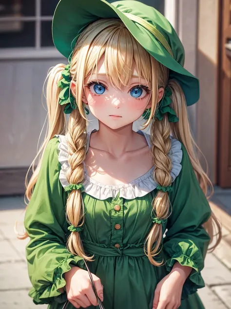 an adult girl, blond hair, two low pigtails with green scrunchies, blue eyes, green jumpsuit dress, a green hat on his head