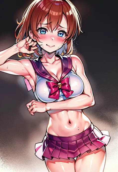 Kousaka honoka, blue eyes, sailor moon lingerie, red face,blunt hair,curvy body, standing, cowboy shot , tokyo street, japan, cleavage,  ahoge, Blushing, Face full of scars、Skin shiny with sweat、 injured scared girl、 crying wet bursting out eyes, real tear...