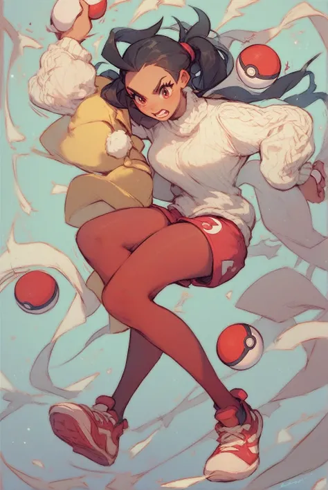 girl with black hair, with a yellow shirt and red shorts, pantyhose above the knees black, red shoes, white sweater, Pokémon trainer, struggling pose, Holding a pokeball, with white sweater