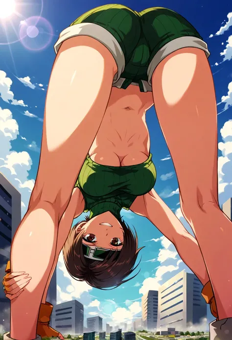 score_9, score_8_up, score_7_up,,BREAK source_anime, standing, legs apart, bent over, upside-down,straight-on,(macro lens:1.3),medium shot,looking_at_viewer,1girl, yuffie kisaragi, final fantasy, short hair,headband,navel,sleeveless,turtleneck,brown eyes,s...