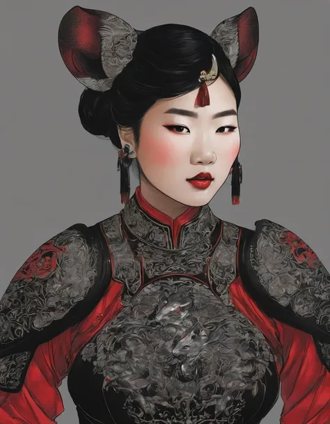 beautiful busty Asian woman wearing a rat shaped armor black and red