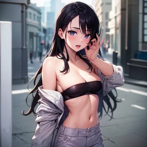 a woman, (realistic), (hyperrealism), (photorealistic), depth of field, eye makeup:0.5, (upper body:1.2), (narrow waist:0.7), looking at the viewer, casual outfit, at the city streets, topless