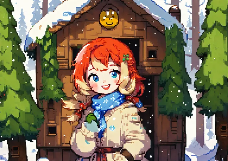 winter forest, snow covered tree house, green tree, 1 woman, smiley face, golden hair, shot, blue shawl, beige coat, red gloves,