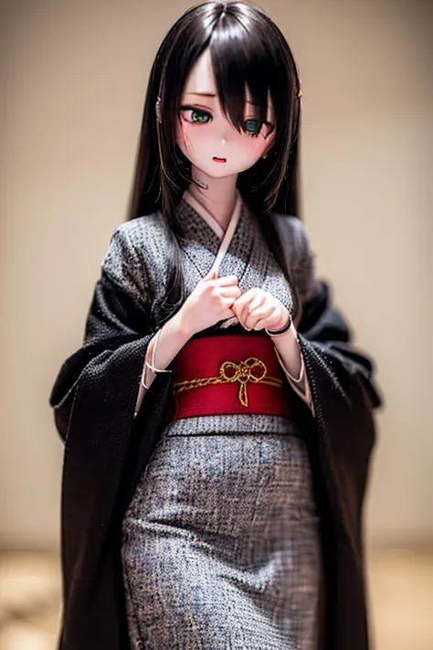 (SFW:2), photorealistic, realistic photo, 8k, ((highest quality)), ((masterpiece)), ((extremely detailed)), kukolnydom, doll, (mature woman, 20yo, 20 years old:1.6), solo, ((cowboy shot, standing, skinny, slender, slim, kimono, obi, hair ornament)), green ...