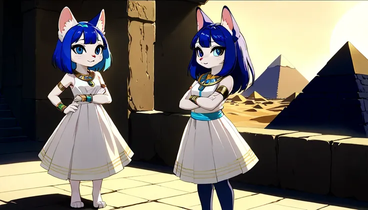 1girl，Artist Name，Egyptian cat，Blue Hair，skin，Keep your mouth shut，Wear，whole body，solo，Standing，猫Tail，Keep your mouth shut，Wear，Looking at the audience,Animal Crossing Furry, Blue Hair, Hair accessories, 黄skin, black eyes, White Dress, Tail, Egyptian Pyra...