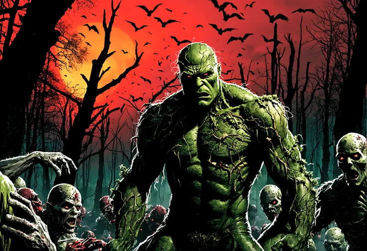 DC character Swamp Thing is in battle with a horde of Zombies. broken zombie parts flying. horror comic. night forest