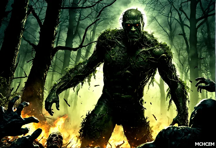 DC character Swamp Thing is in battle with a horde of Zombies. broken zombie parts flying. horror comic. night forest