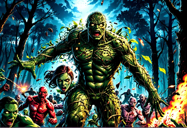 DC character Swamp Thing is in battle with a horde of Zombies. broken zombie parts flying. horror comic. night forest
