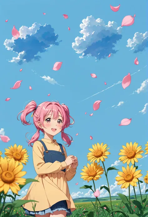 1 5 year old girl, Background with clouds and sky, Flowers and fields background, falling pink petals,  with pigtails, I&#39;m making a V with my hands.