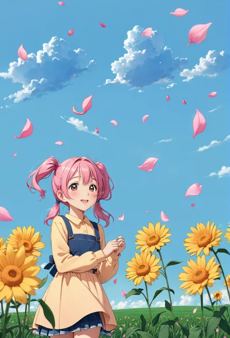 1 5 year old girl, Background with clouds and sky, Flowers and fields background, falling pink petals,  with pigtails, I&#39;m making a V with my hands.