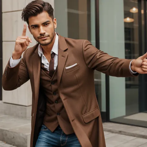 Show a man with a blazer ,happy showing finger tip , a brown coat /blazer