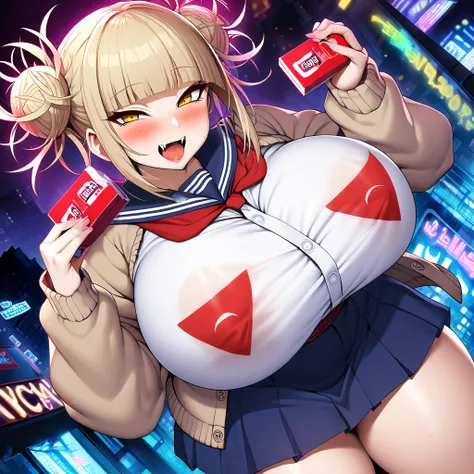 toga himiko,1girl,solo,Mature Women,Females in heat,blush,blonde hair,yellow eyes,narrowed eyes,blunt bangs,open mouth,fangs,cardigan,long sleeves,neckerchief,red neckerchief,blue skirt,gigantic huge breasts,condom box in hand,looking at viewer,standing up...