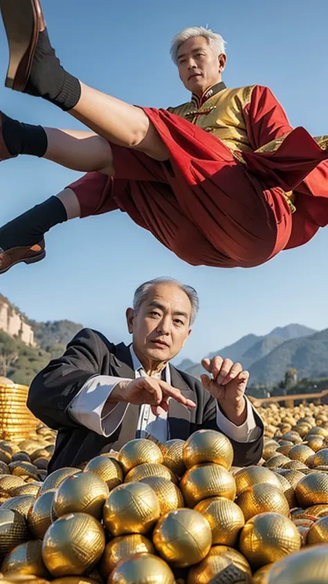 Zhao Gongming, the God of Wealth，80-year-old kind old man，（Chinese elderly），Realistic，Surrounded by money，Falling into the cornucopia，Gold coins flying all over the sky，