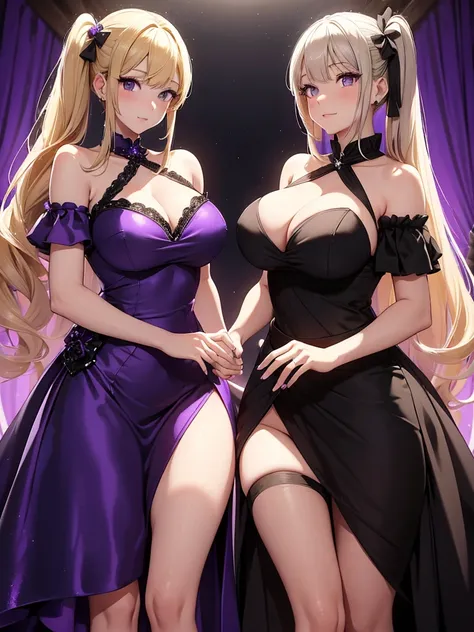 Two adult girls, one is blonde with two pigtails of purple bows, She wears a shiny purple gala dress with decorations and diamonds, Her eyes are blue and she is next to another girl with black hair., loose hip length hair, black eyes and bright and stunnin...