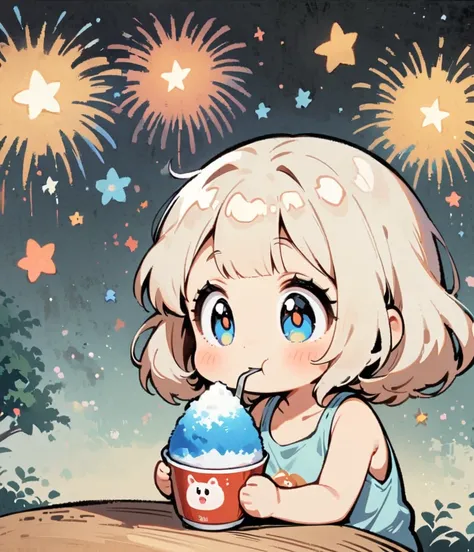 Eating shaved ice with a spoon、firework、Cartoon style character design，1 Girl, alone，Big eyes，Cute expression，Tank top、interesting，interesting，Clean Lines