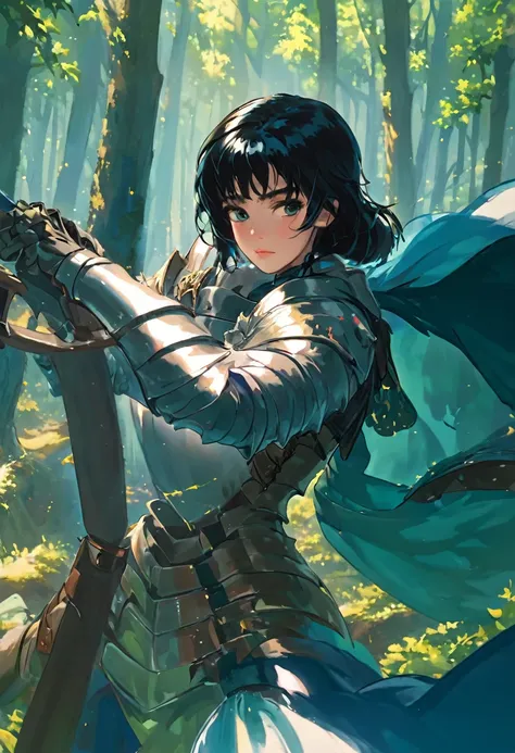 forest, 1 woman, black hair, gray eyes, Armor, article, bayonet