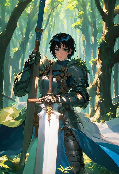 forest, 1 woman, black hair, gray eyes, Armor, article, bayonet