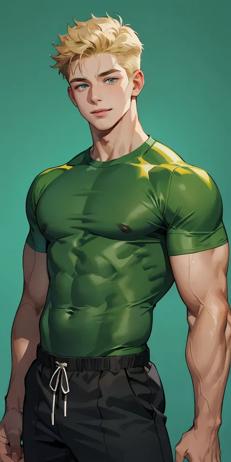 (masterpiece, Best Quality),The whole body of boy, 11 years old boy, Muscular, bodybuilder, green shirt blond freckled smile 