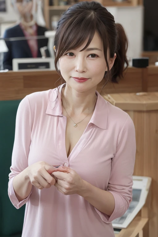 8K, Mature elegant Japanese woman, 55 years old, Married women, Delicate features, Long eyelashes, Sparkling eyes, Low Ponytail, Red lipstick, Rosy Cheeks, eye shadow, Attractive lips,  Cleavage, Polo shirt, mini skirt, golf, golf場記念撮影,  (Highest quality,8...