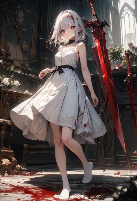 Young girl, Long white hair, Red eyes, Roses in hair, Blood blade, White Dress, No sleeve, No shoes, Blood, masterpiece, Highest quality, Full HD, 8K, Super detailed, Great graphics