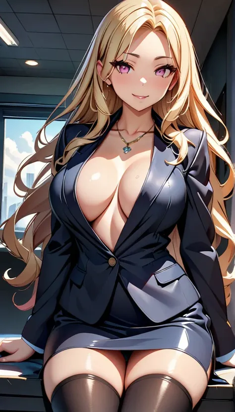 (highest quality:1.2,evil lady,cg, Very detailed, High Detail, digital coloring, High Contrast, masterpiece:1.2,suits, highest quality, Best aesthetics), 8k,masterpiece, cute,tall,beautiful,best quality, 1lady,blonde hair,long hair,wavy hair,empty eyes, (f...