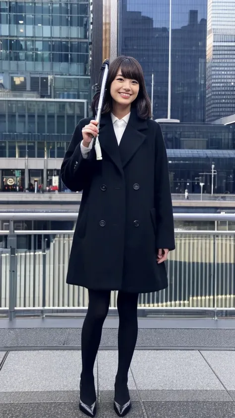 Full-body photo of a cute Japanese weather forecaster wearing a black pantsuit and coat,Medium Hair, pumps,A girl broadcasting live with a microphone,Broadcasting with a microphone outdoors in Tokyo in winter,Standing in front of Tokyo Station,wearing pump...