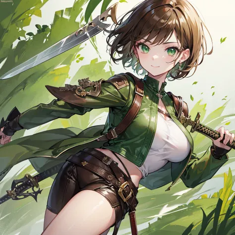 Hd, 4k, Beautiful girl, short hair, brown hair, green eyes, smiling, brown and green leather clothing, sword in hand