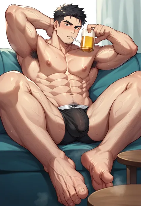 Muscular man is relaxing on his couch drinking a beer. He is alone in black underwear, of which his penis stands out, visible in his underwear. He is sweaty and very muscular. He has hair on his chest and forearms. Large, veiny arms. Veins on his hands. Ve...