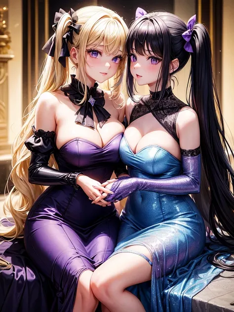 Two adult girls, one is blonde with two pigtails of purple bows, She wears a shiny purple gala dress with decorations and diamonds, Her eyes are blue and she is next to another girl with black hair., loose hip length hair, black eyes and bright and stunnin...