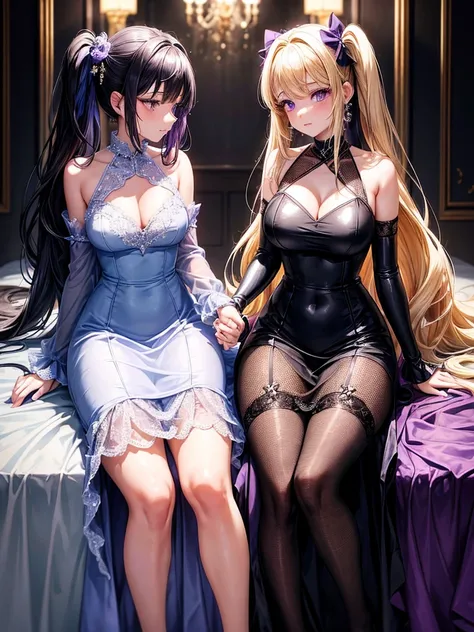 Two adult girls, one is blonde with two pigtails of purple bows, She wears a shiny purple gala dress with decorations and diamonds, Her eyes are blue and she is next to another girl with black hair., loose hip length hair, black eyes and bright and stunnin...