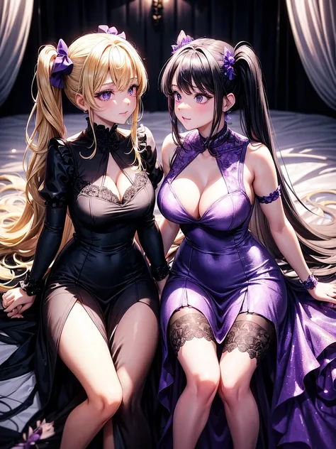 Two adult girls, one is blonde with two pigtails of purple bows, She wears a shiny purple gala dress with decorations and diamonds, Her eyes are blue and she is next to another girl with black hair., loose hip length hair, black eyes and bright and stunnin...