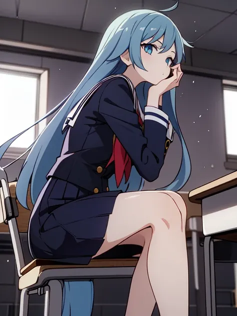 1 girl, long light blue hair, Navy blue, sit in class, black school modern uniform, Anime