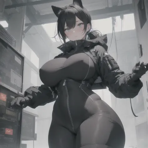 Absurd resolution,high resolution,(masterpiece: 1.4),hyper-detail,fullbody shot head to toe,full frontal camera perspective,solo,shorter,standing straight up,kemono feline cat gynomorph, big dick, big penis bulge, puffy inverted nipple silhouette,no skin o...