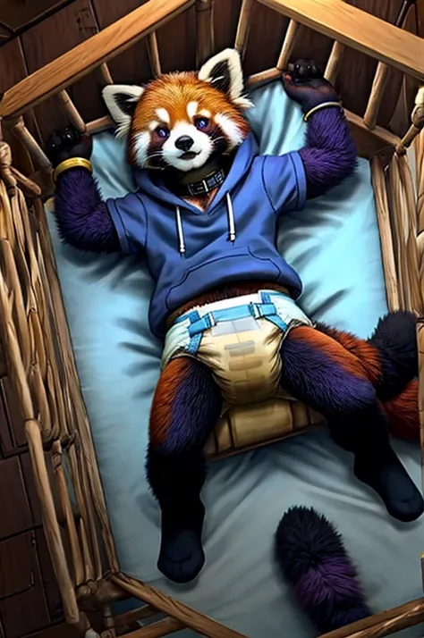  A dark purple Red panda femboy wearing a sweatshirt and a diaper with blue with purple and with urine and white socks being soaked and a black collar on his neck and with bracelets on his arms and in a crib lying in a magical nursery in the darkness