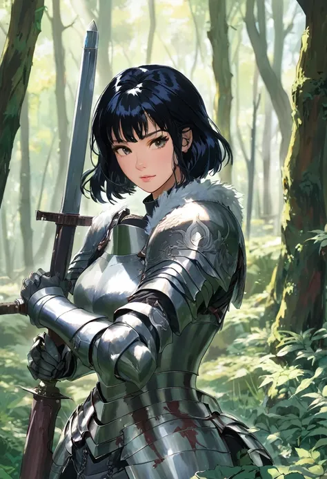 forest, 1 woman, black hair, gray eyes, Armor, article, bayonet