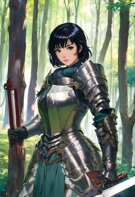 forest, 1 woman, black hair, gray eyes, Armor, article, bayonet