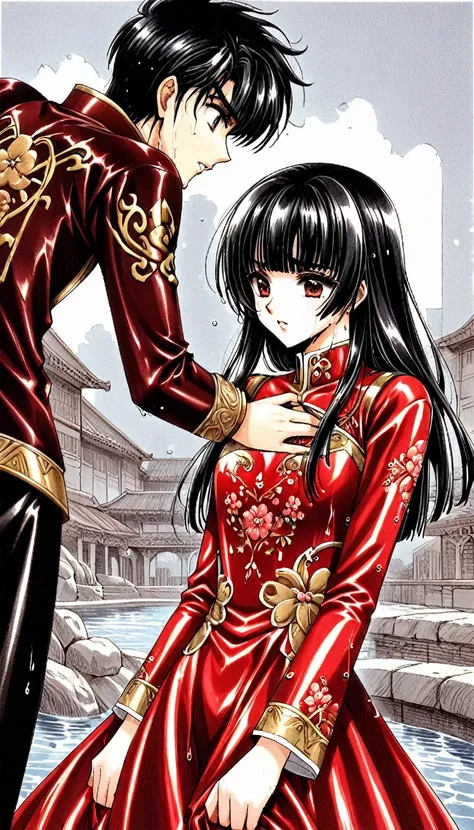 A tragic historical drama in 8k live-action style: Beautiful palace secrets　Beautiful 10 year old Chinese Kung Fu girl princess with short black hair in liquid capsule　Gorgeous embroidery, Ultra glossy, She is wearing a shiny red top and bottom long sleeve...