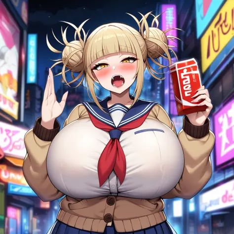 toga himiko,1girl,solo,Mature Women,Females in heat,blush,blonde hair,yellow eyes,narrowed eyes,blunt bangs,open mouth,fangs,cardigan,long sleeves,neckerchief,red neckerchief,blue short skirt,gigantic huge breasts,Large condom box in right hand,looking at ...