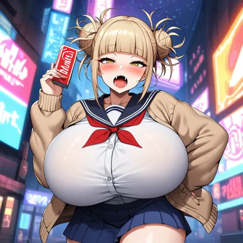 toga himiko,1girl,solo,Mature Women,Females in heat,blush,blonde hair,yellow eyes,narrowed eyes,blunt bangs,open mouth,fangs,cardigan,long sleeves,neckerchief,red neckerchief,blue short skirt,gigantic huge breasts,Large condom box in right hand,looking at ...