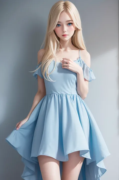 One , hair blonde, smooth and long, blue colored eyes, blush cheeks, dressed in a delicate blue dress 