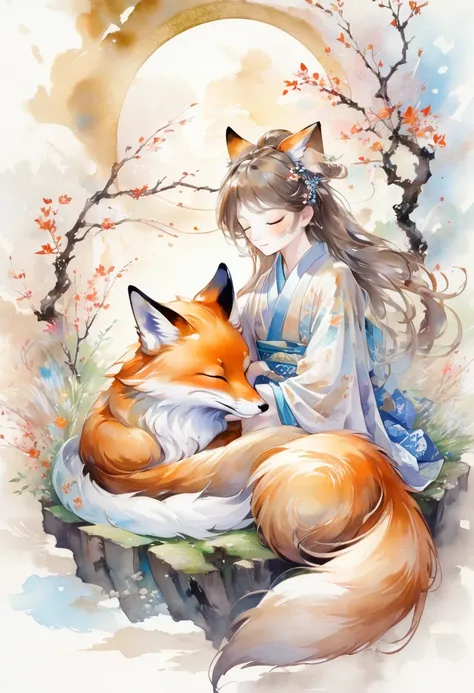 best quality, super fine, 16k, 2.5d, delicate and dynamic depiction, fox spirit stroking the head of sleeping  on his lap, gentl...