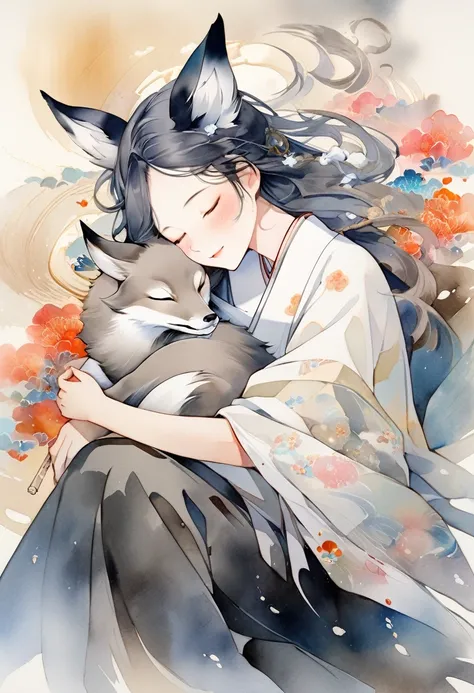 best quality, super fine, 16k, 2.5D, delicate and dynamic depiction, fox spirit stroking the head of sleeping  on his lap, gentle loving smile, effects wrapped in soft colors and light, fusion of watercolors and oil paintings, calligraphy, ink, shading, gr...