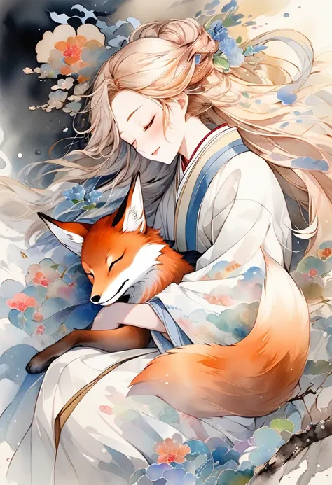 best quality, super fine, 16k, 2.5D, delicate and dynamic depiction, fox spirit stroking the head of sleeping  on his lap, gentle loving smile, effects wrapped in soft colors and light, fusion of watercolors and oil paintings, calligraphy, ink, shading, gr...